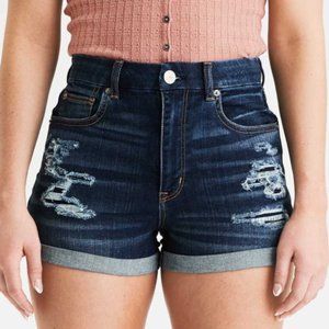 American Eagle Curvy Hi-Rise Shortie Denim Shorts Size 8 Dark Indigo Distressed